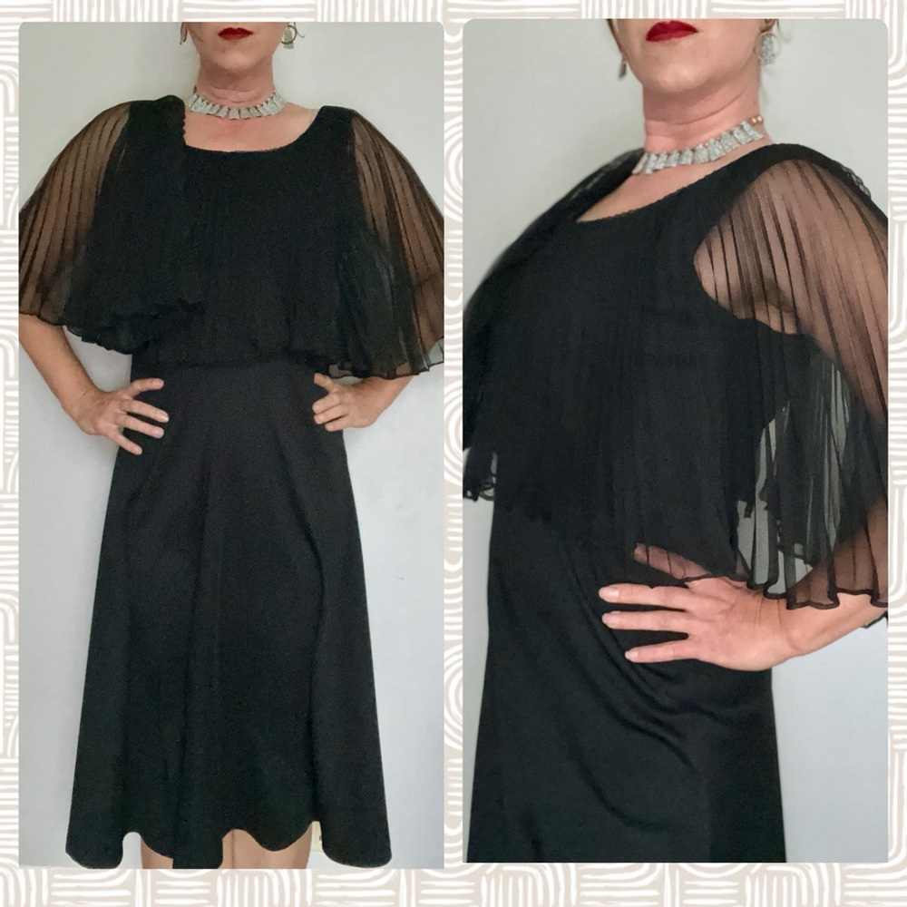 Vintage Miss K Black Midi Dress with Pleated Chiffon Capette Sleeve Sz 15/16